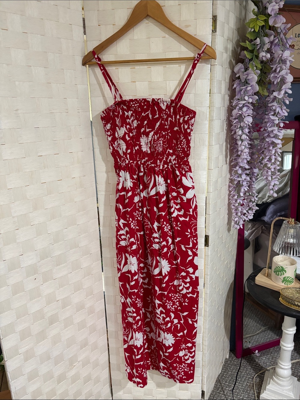 Old Navy Red & White Floral Smocked Sundress